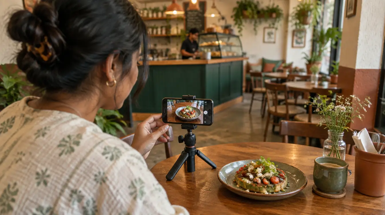 A creator filming the dish at a café table